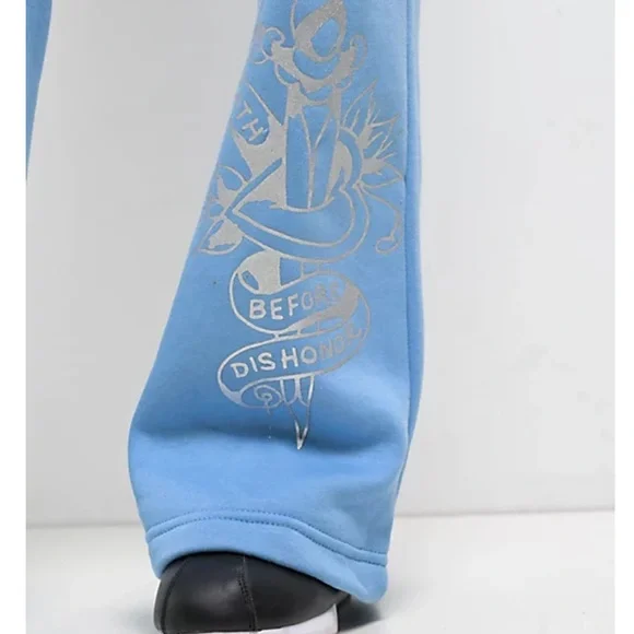 Ed Hardy Flower Skulls Powder Blue Women’s Sweatpants Medium Graphic Print Y2K - Picture 4 of 13